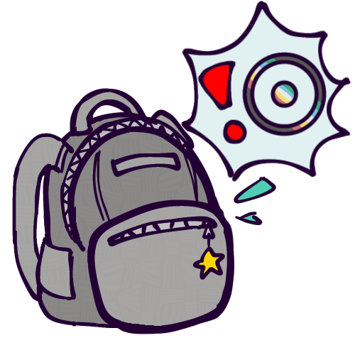 A drawing of a grey backpack and a spiky speech bubble containing a ref exclamation point and the disabled sun symbol. The disabled sun symbol is a large ring with a small dot inside, and it has been colored to match the disability pride flag with diagonal red, yellow, white, blue, and green stripes over a dark grey field. 